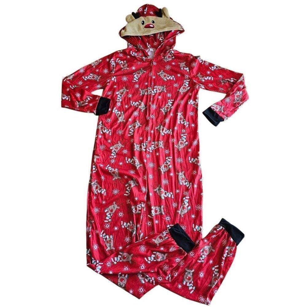 Womens Sz M  Christmas Reindeer full body pajamas hooded